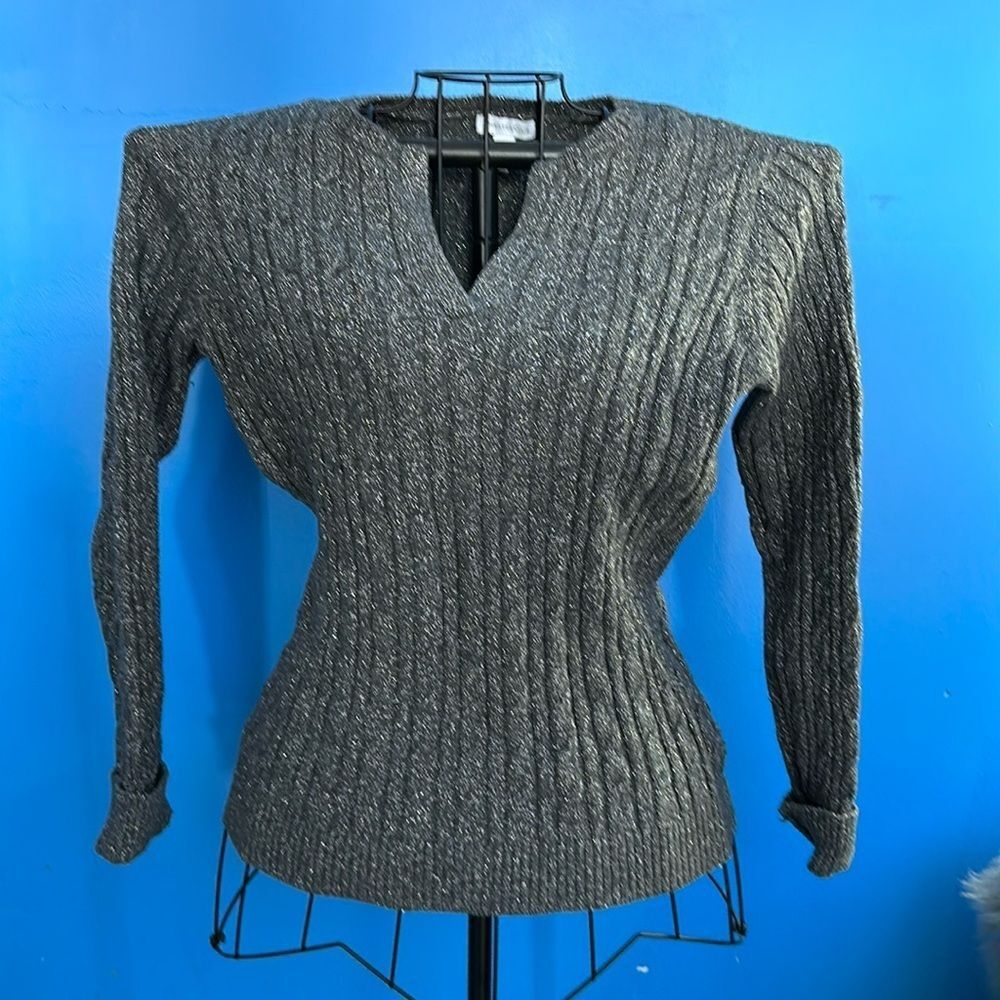 Charter Club Women's Size M Dark Gray V-Neck Pullover Sweater Silver Threads